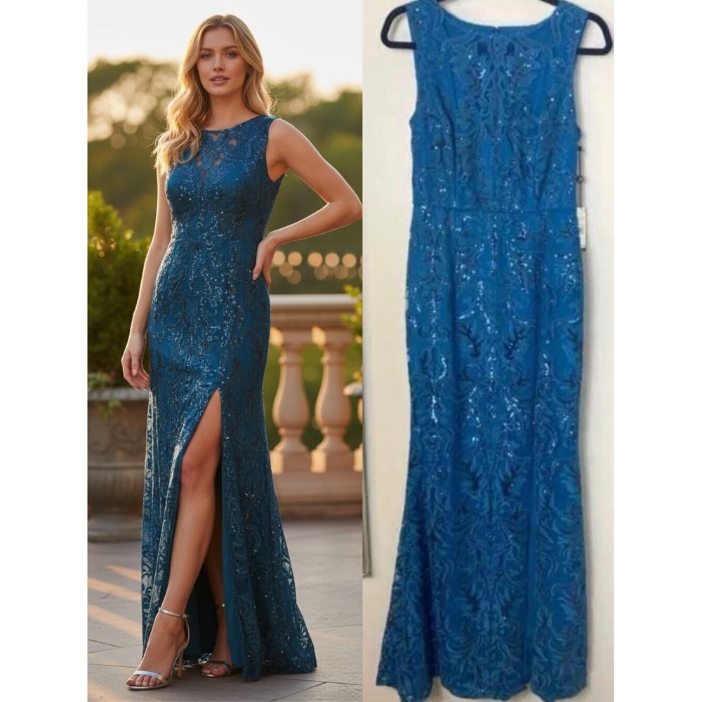 Adrianna Papell Dress Blue Sequin Beaded Floral Embroidered Long Maxi Evening